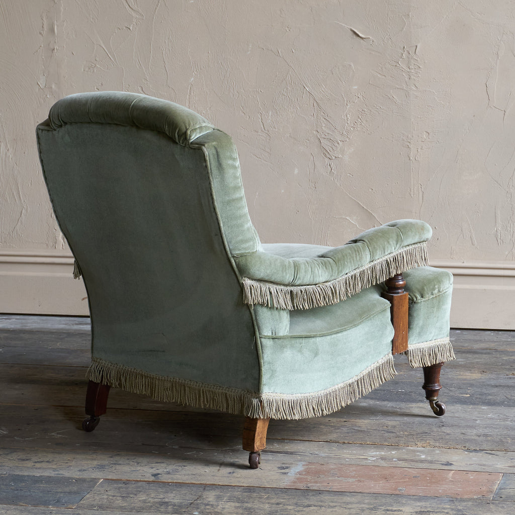 Antique Armchair in sage green velvet with tassel trim.-Antique Seating-KONTRAST