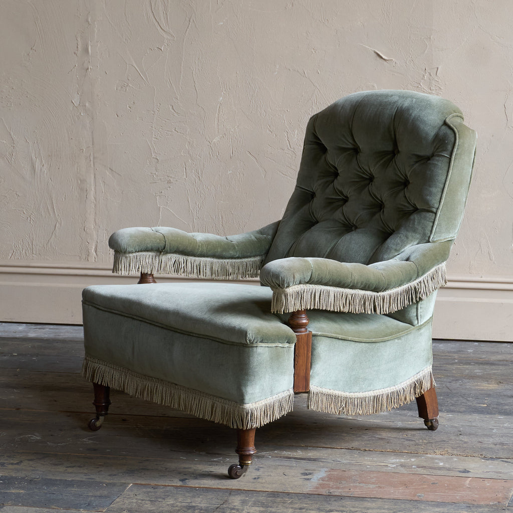 Antique Armchair in sage green velvet with tassel trim.-Antique Seating-KONTRAST