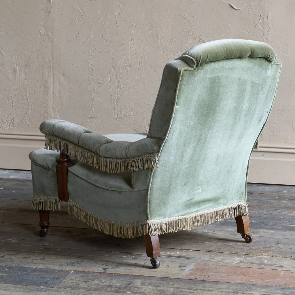 Antique Armchair in sage green velvet with tassel trim.-Antique Seating-KONTRAST