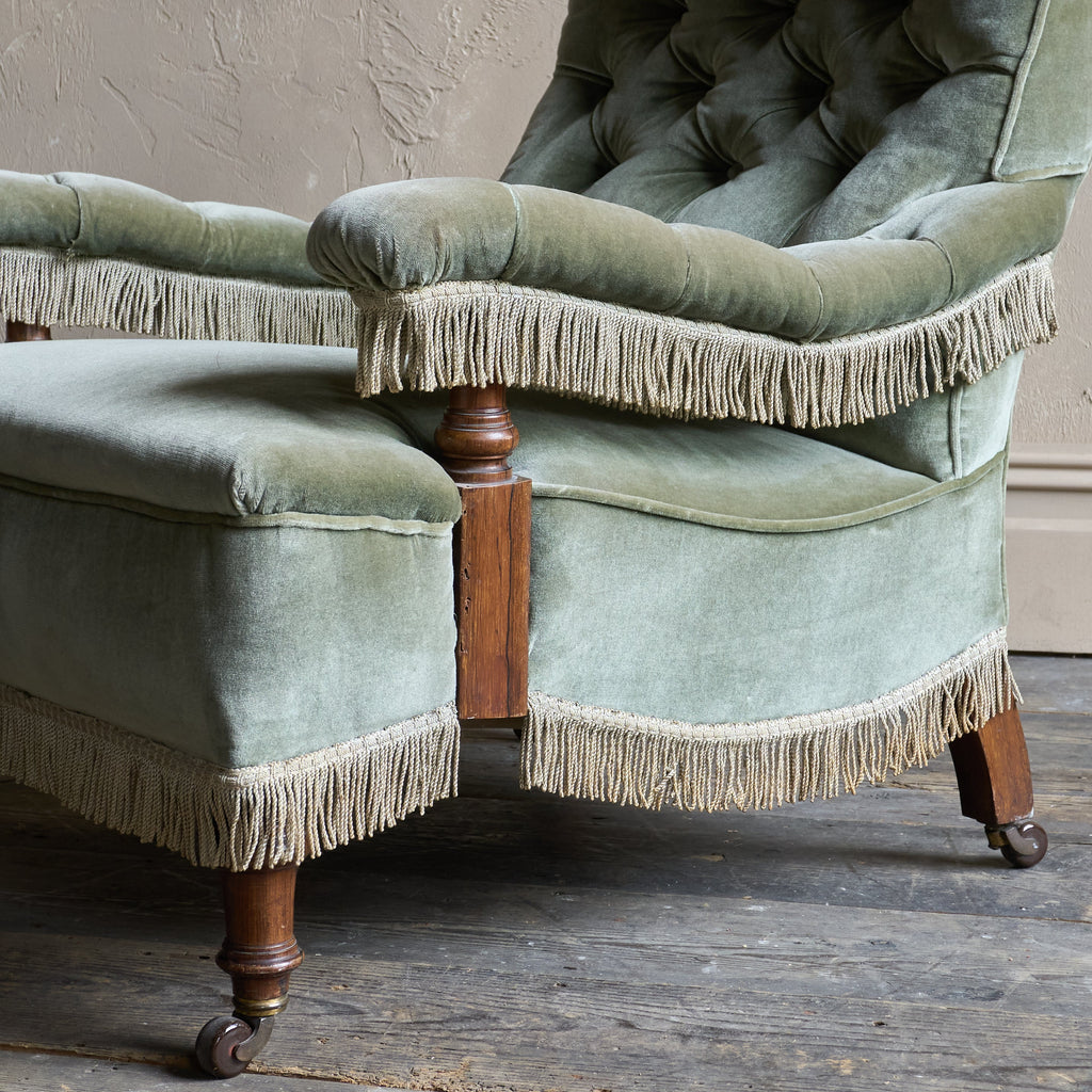 Antique Armchair in sage green velvet with tassel trim.-Antique Seating-KONTRAST