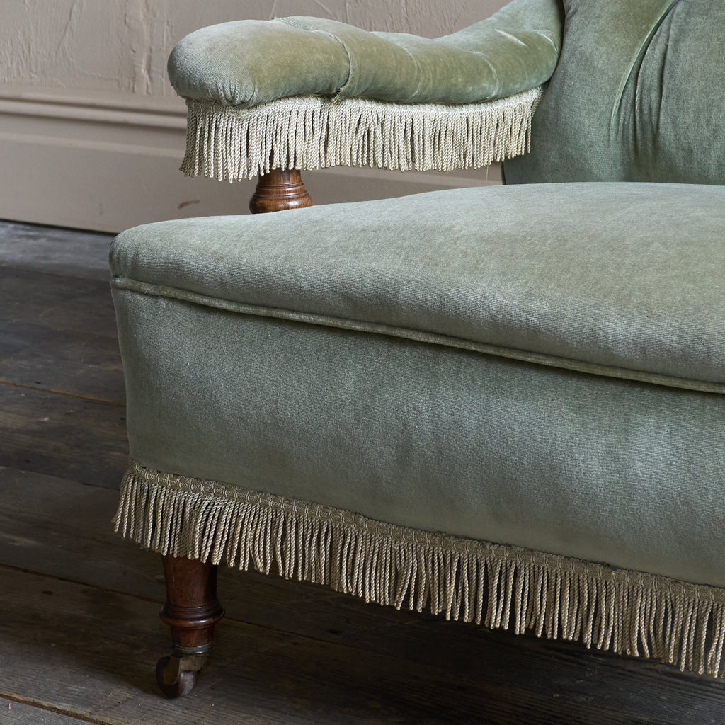 Antique Armchair in sage green velvet with tassel trim.-Antique Seating-KONTRAST