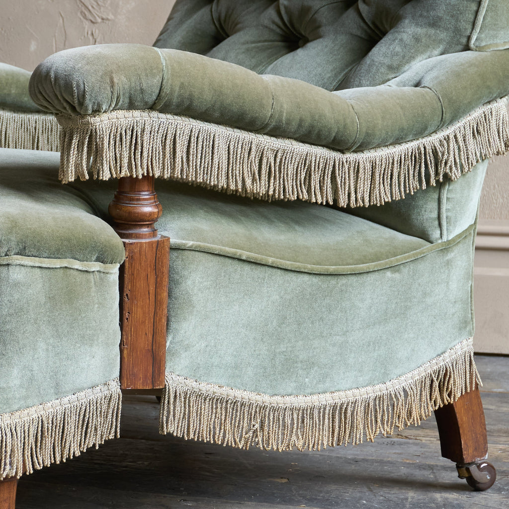 Antique Armchair in sage green velvet with tassel trim.-Antique Seating-KONTRAST