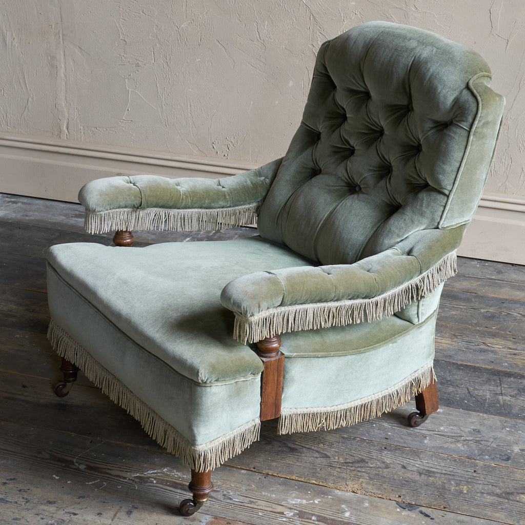 Antique Armchair in sage green velvet with tassel trim.-Antique Seating-KONTRAST