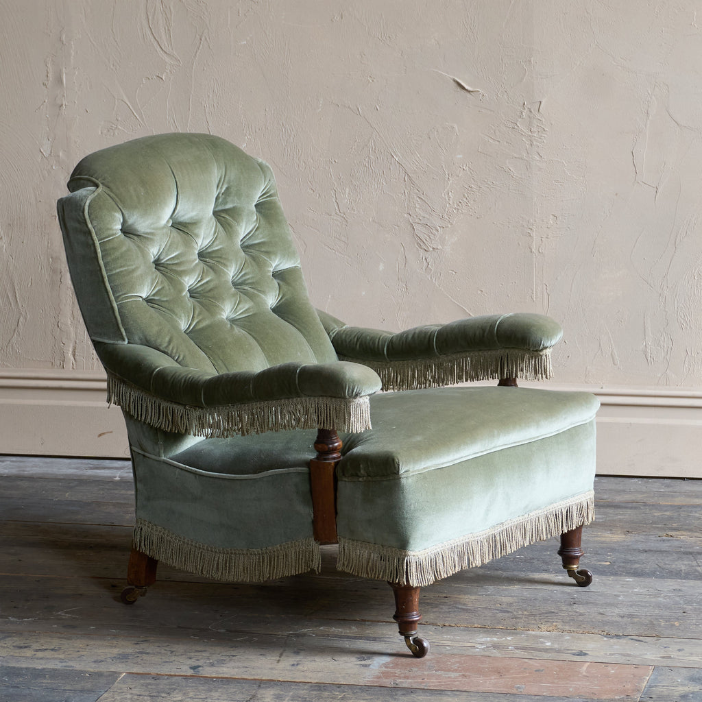 Antique Armchair in sage green velvet with tassel trim.-Antique Seating-KONTRAST