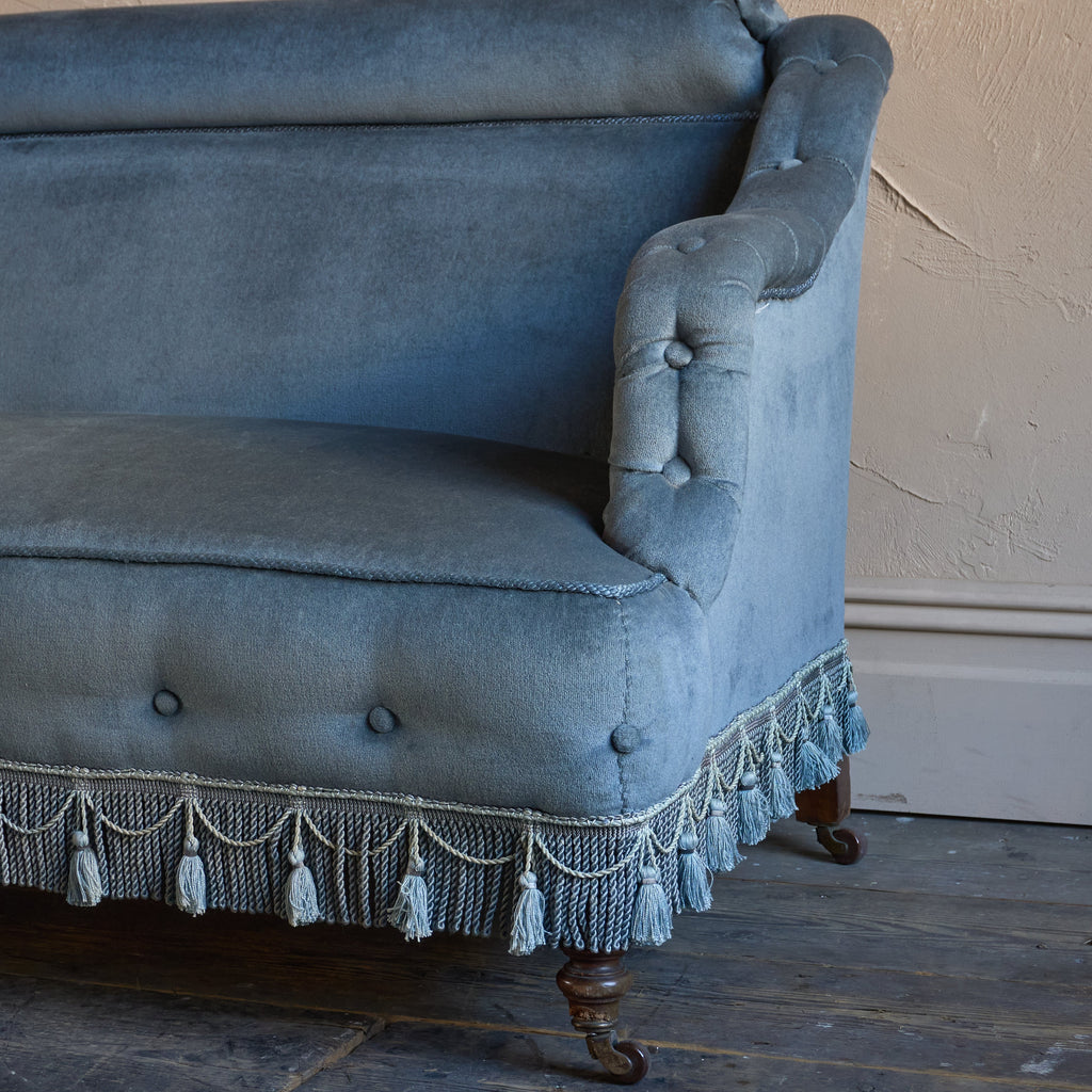 Antique Bedroom Sofa - blue velvet with tassel trim.-Antique Seating-KONTRAST