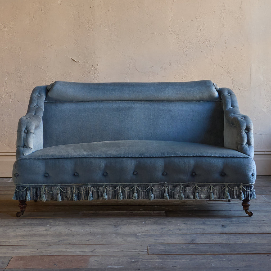 Antique Bedroom Sofa - blue velvet with tassel trim.-Antique Seating-KONTRAST