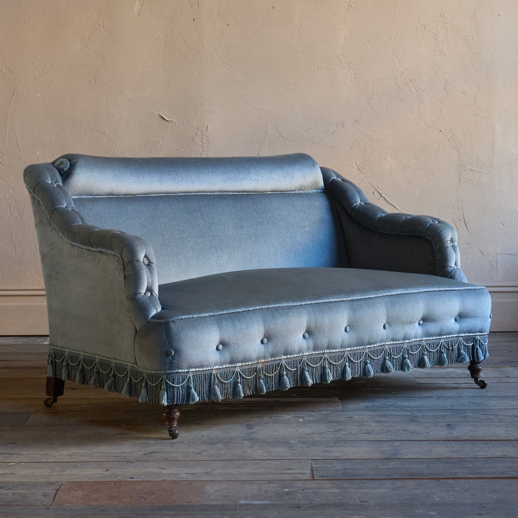 Antique Bedroom Sofa - blue velvet with tassel trim.-Antique Seating-KONTRAST