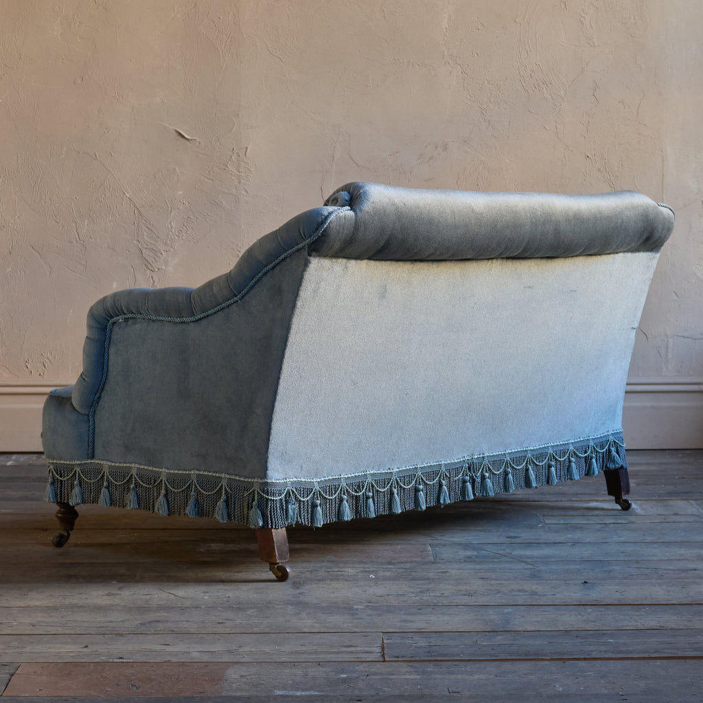 Antique Bedroom Sofa - blue velvet with tassel trim.-Antique Seating-KONTRAST