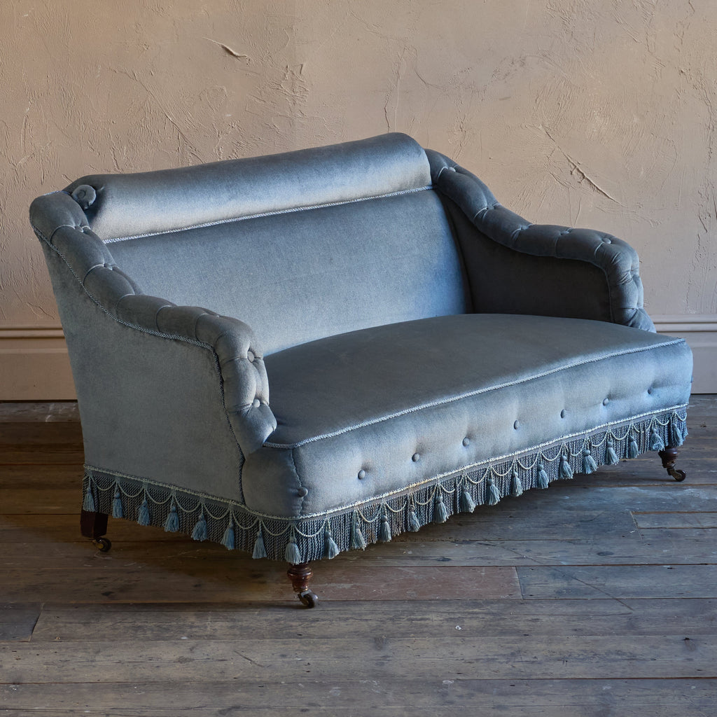 Antique Bedroom Sofa - blue velvet with tassel trim.-Antique Seating-KONTRAST