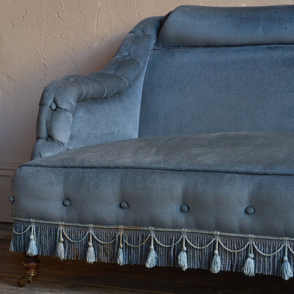 Antique Bedroom Sofa - blue velvet with tassel trim.-Antique Seating-KONTRAST