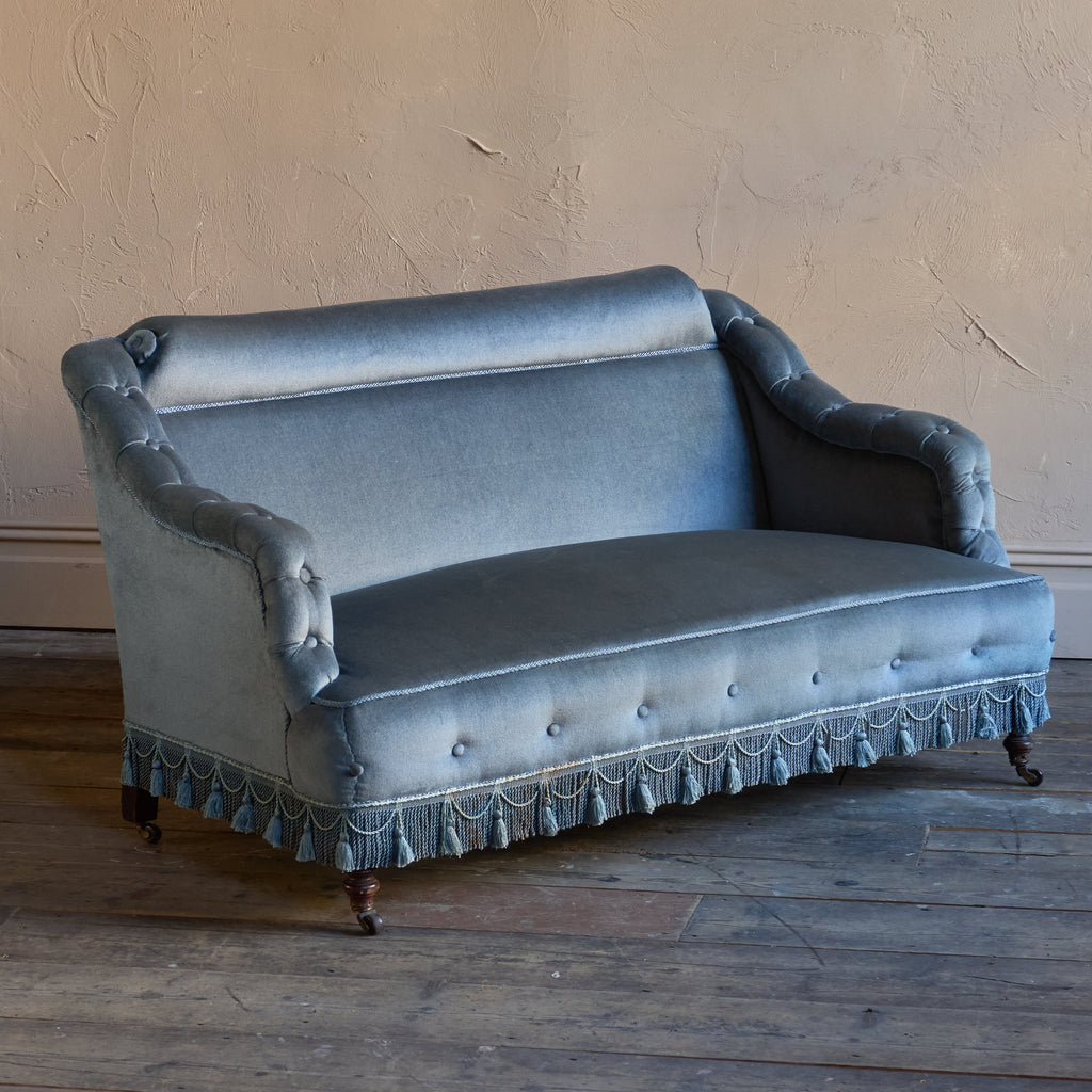 Antique Bedroom Sofa - blue velvet with tassel trim.-Antique Seating-KONTRAST