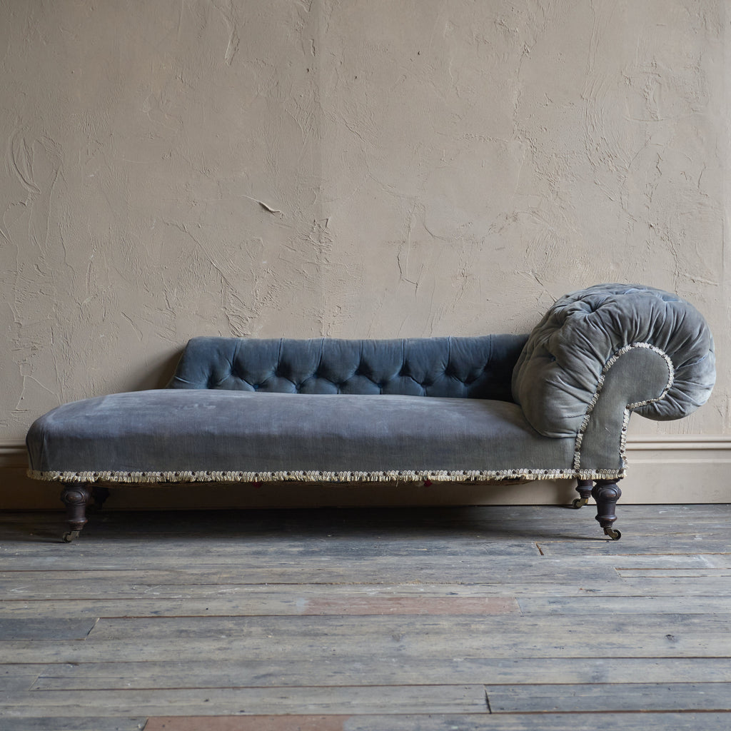 Antique Chaise Longue - original light blue velvet-Antique Seating-KONTRAST