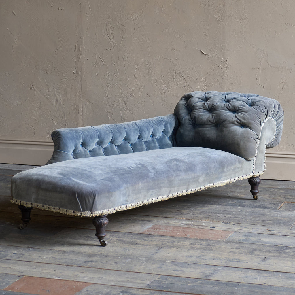 Antique Chaise Longue - original light blue velvet-Antique Seating-KONTRAST