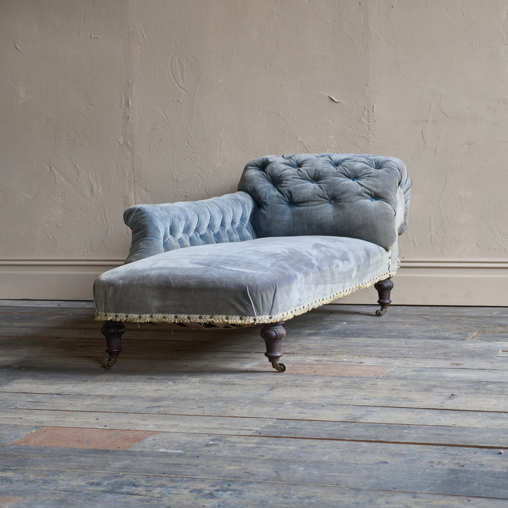 Antique Chaise Longue - original light blue velvet-Antique Seating-KONTRAST