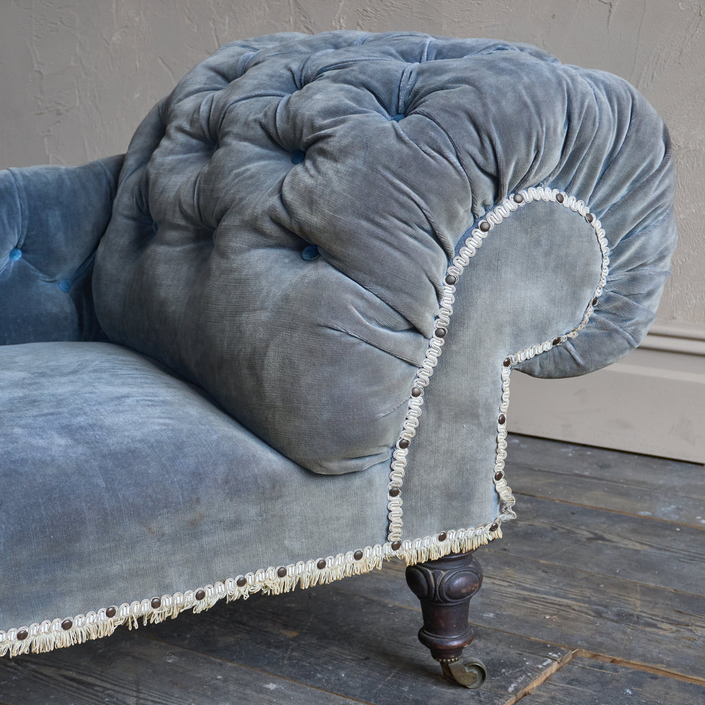 Antique Chaise Longue - original light blue velvet-Antique Seating-KONTRAST