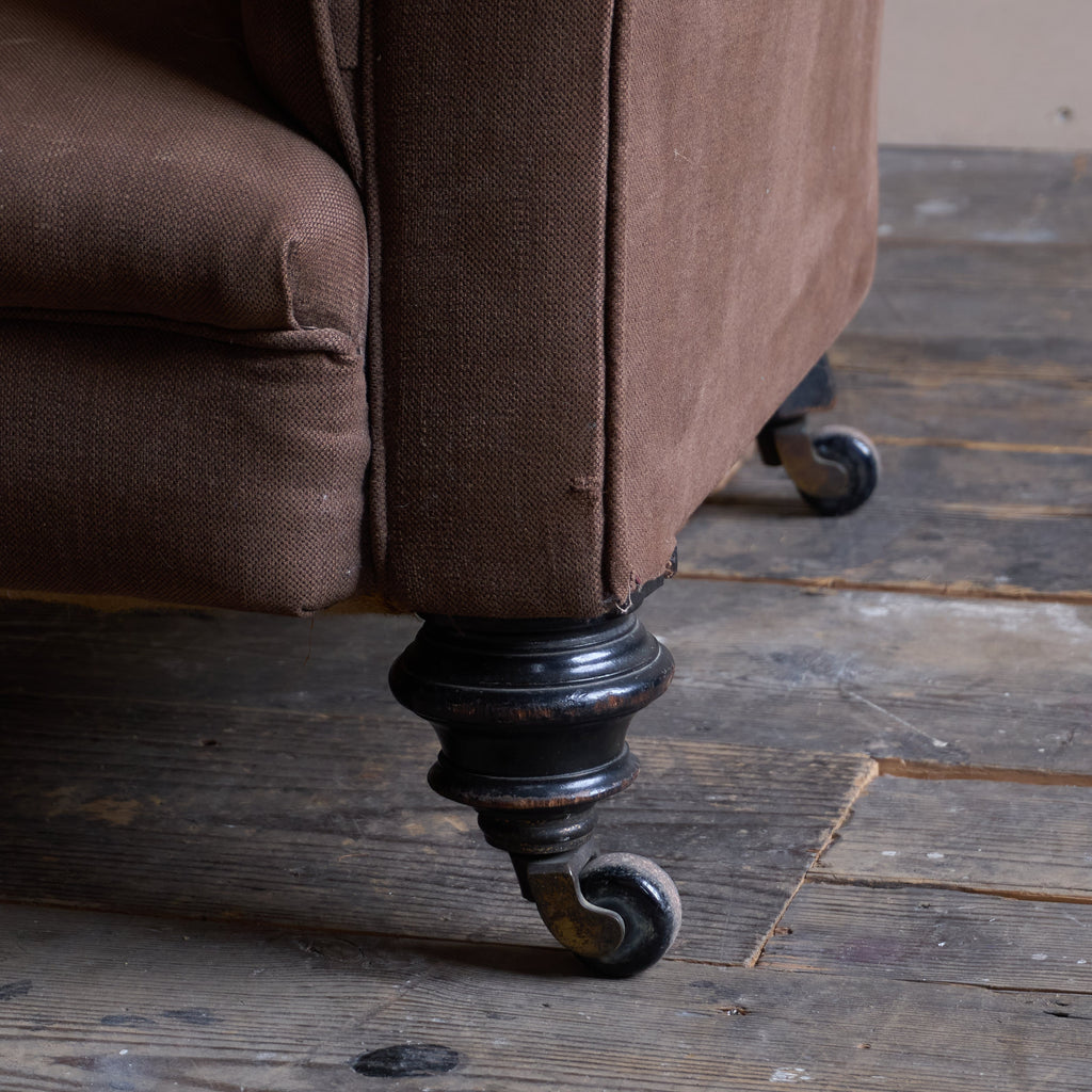 Antique Chesterfield - ebonised legs, brown heavy cotton covering-Antique Seating-KONTRAST