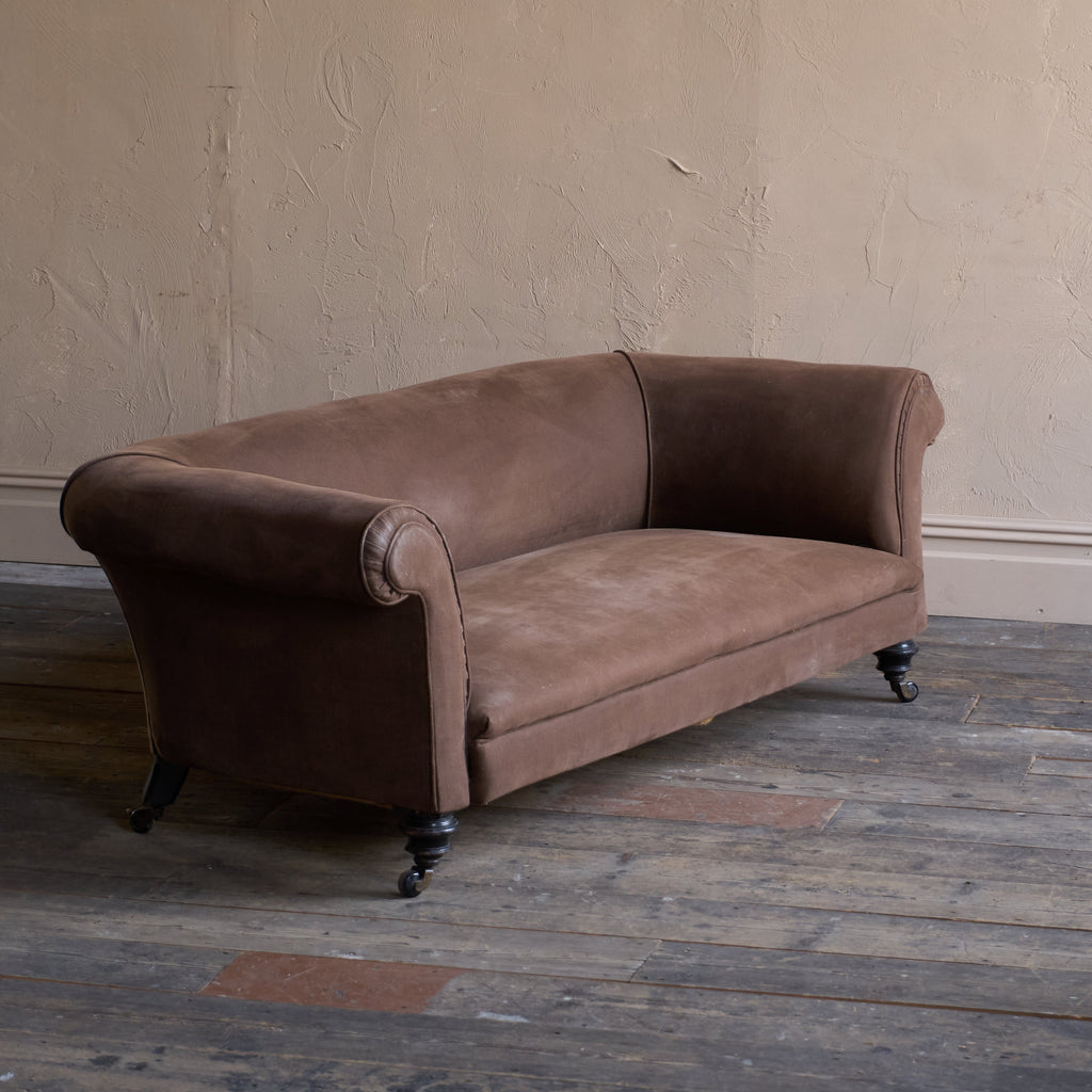 Antique Chesterfield - ebonised legs, brown heavy cotton covering