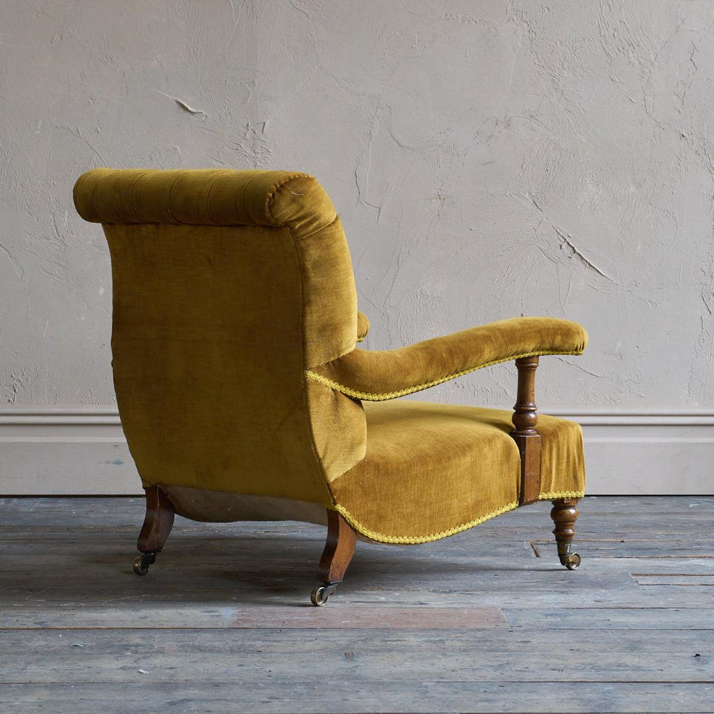 Antique Howard and Sons Open Armchair - gold velvet-Antique Seating-KONTRAST