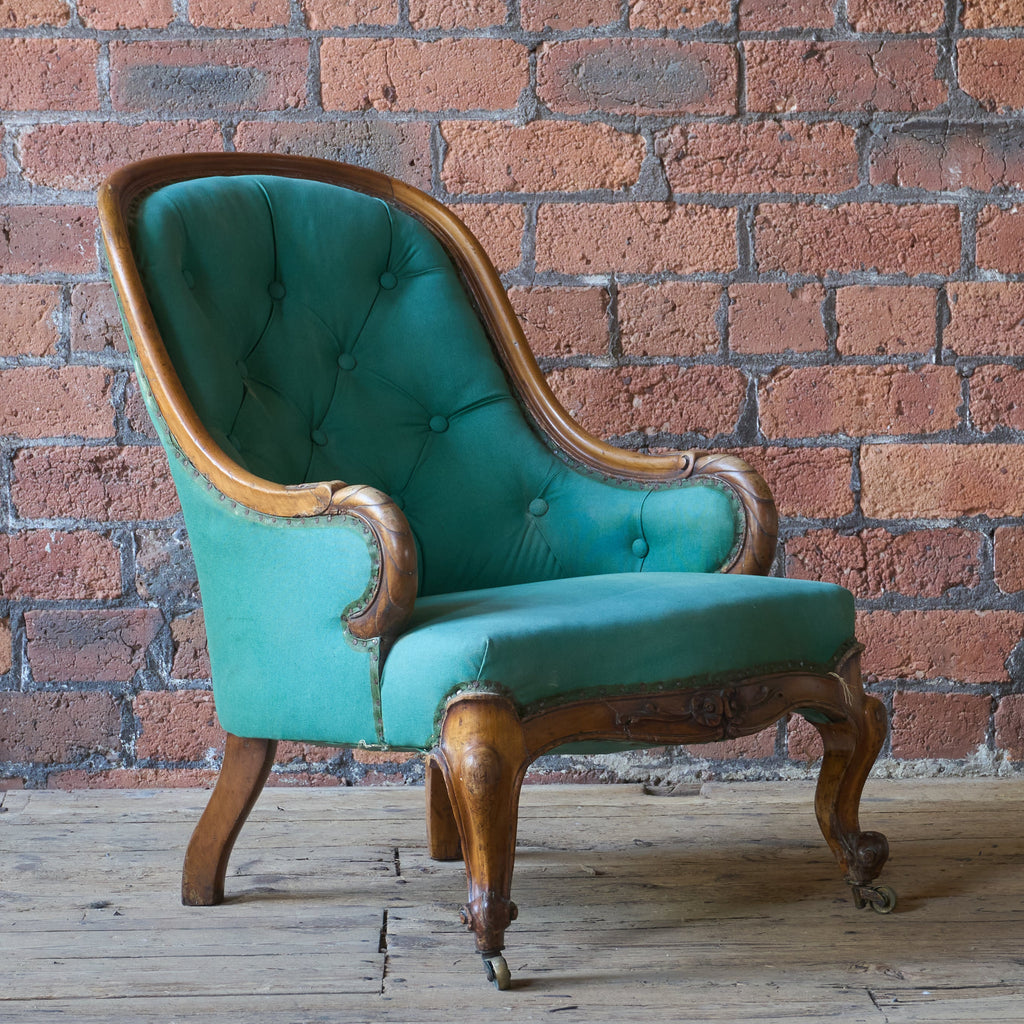 Antique Louis XV bedroom chair - green calico-Antique Seating-KONTRAST