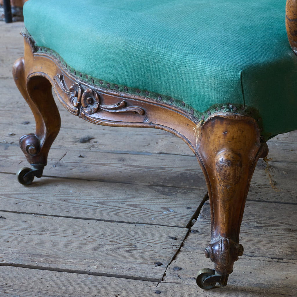 Antique Louis XV bedroom chair - green calico-Antique Seating-KONTRAST