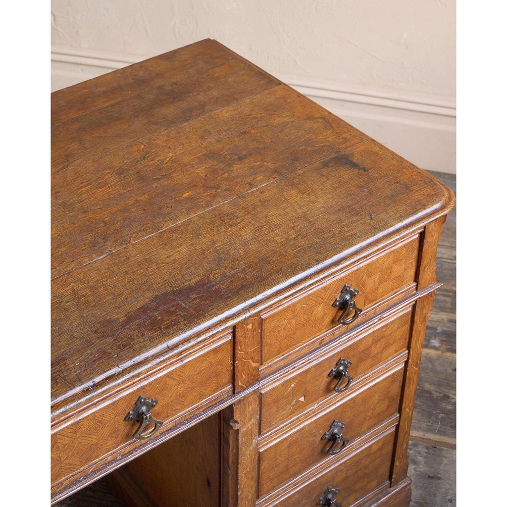 Antique Parquetry Oak Pedestal Desk-Antique Tables-KONTRAST