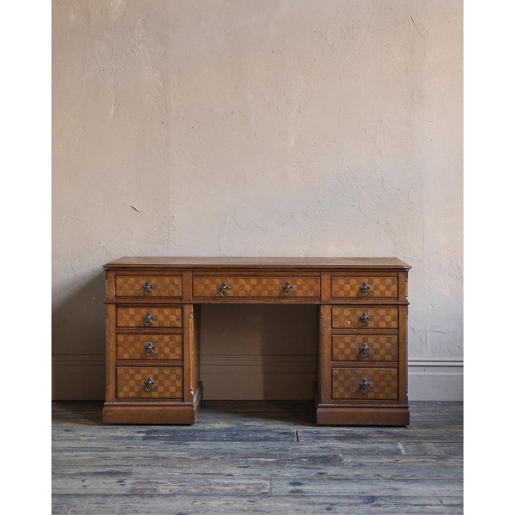 Antique Parquetry Oak Pedestal Desk-Antique Tables-KONTRAST