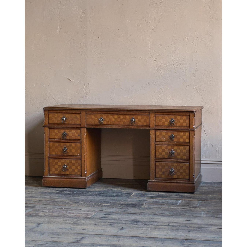 Antique Parquetry Oak Pedestal Desk-Antique Tables-KONTRAST