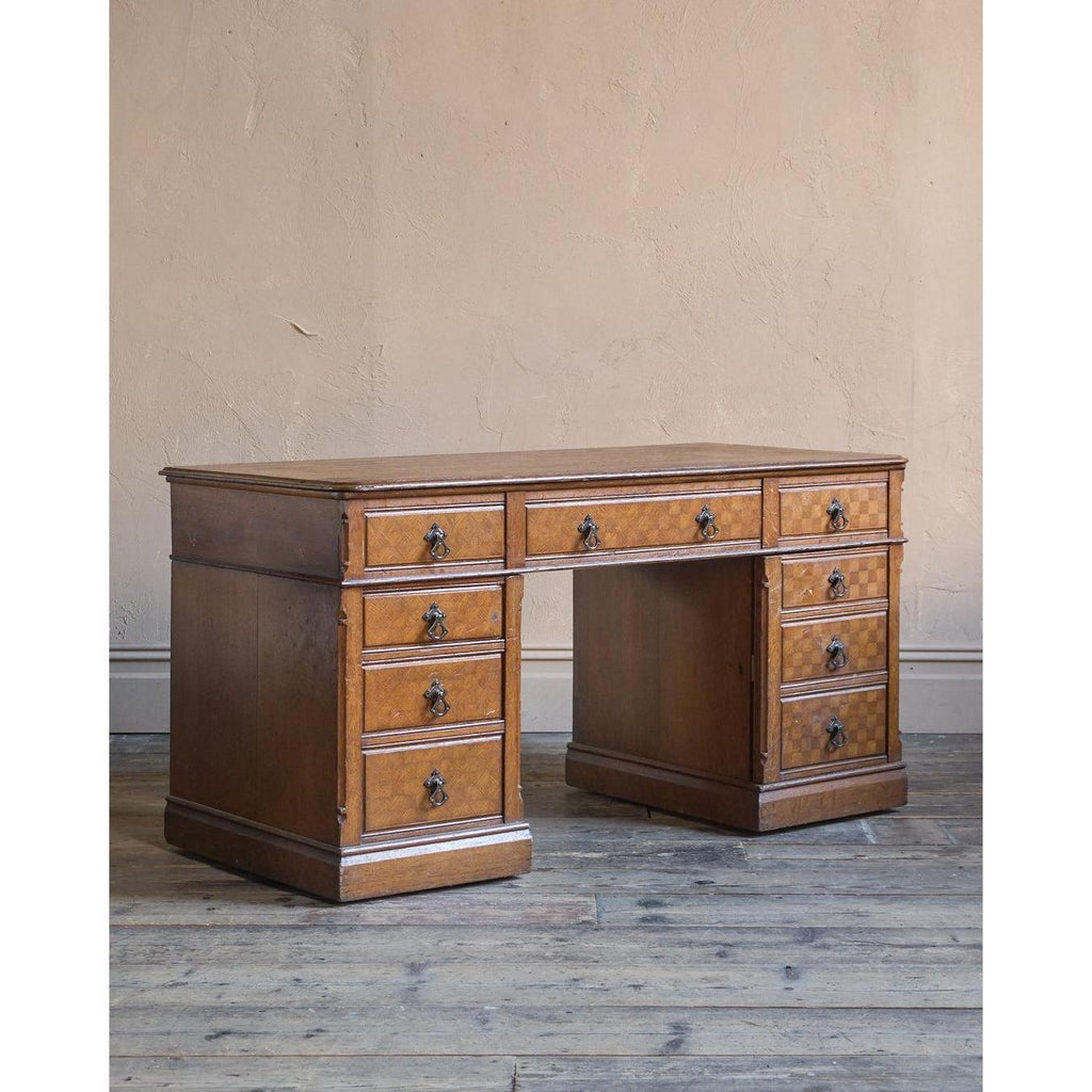 Antique Parquetry Oak Pedestal Desk-Antique Tables-KONTRAST