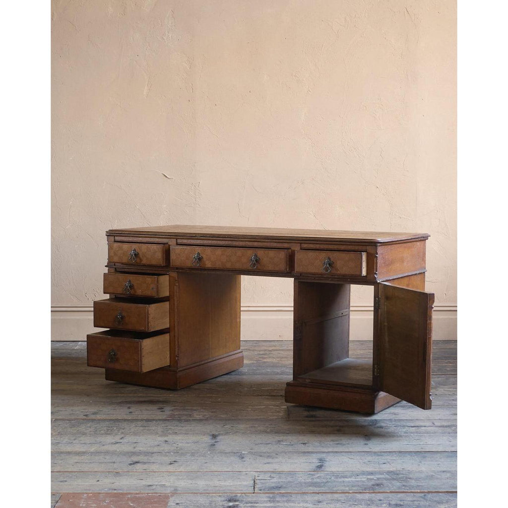 Antique Parquetry Oak Pedestal Desk-Antique Tables-KONTRAST