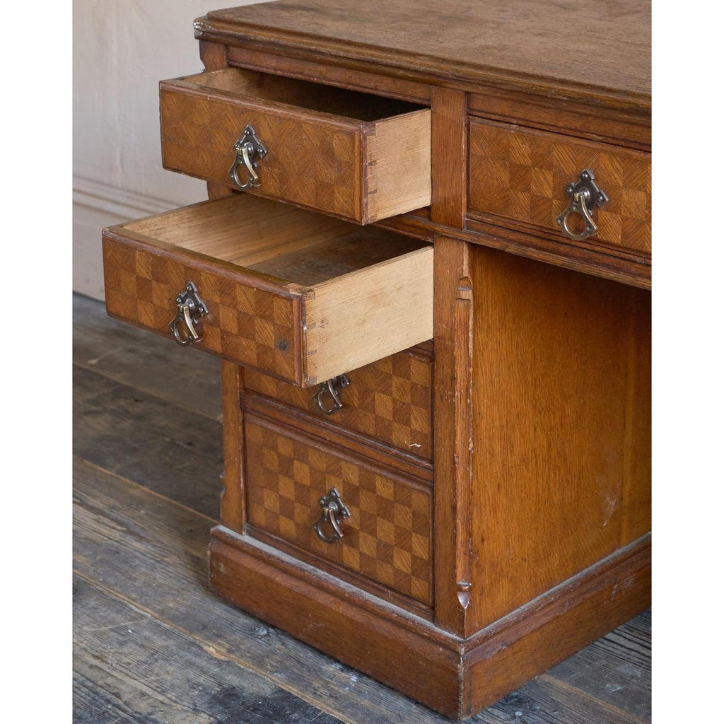 Antique Parquetry Oak Pedestal Desk-Antique Tables-KONTRAST