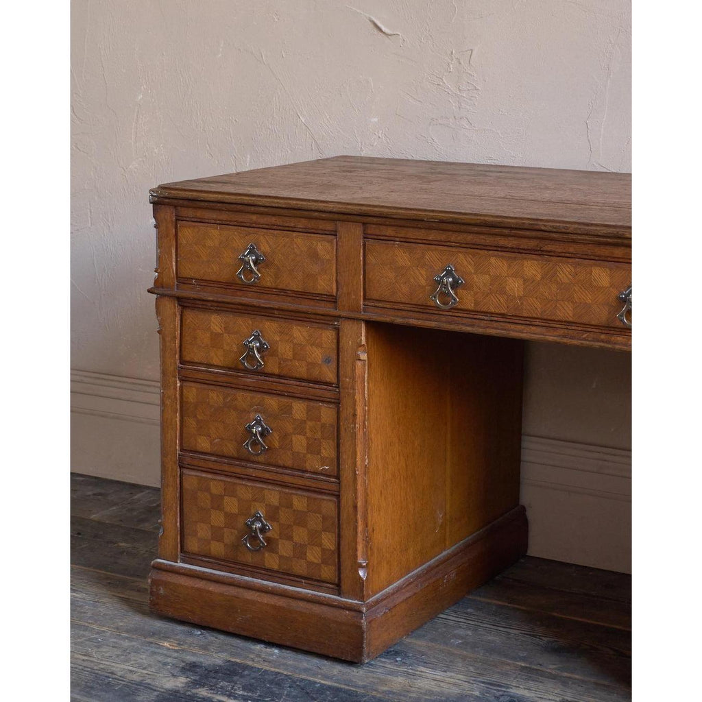 Antique Parquetry Oak Pedestal Desk-Antique Tables-KONTRAST