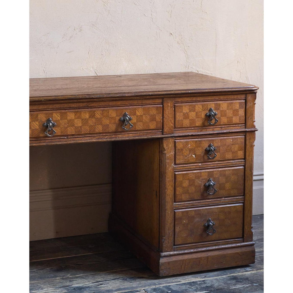Antique Parquetry Oak Pedestal Desk-Antique Tables-KONTRAST