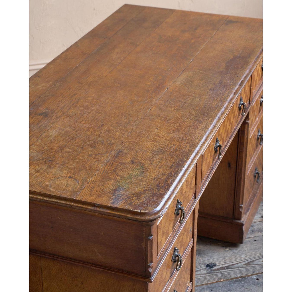 Antique Parquetry Oak Pedestal Desk-Antique Tables-KONTRAST