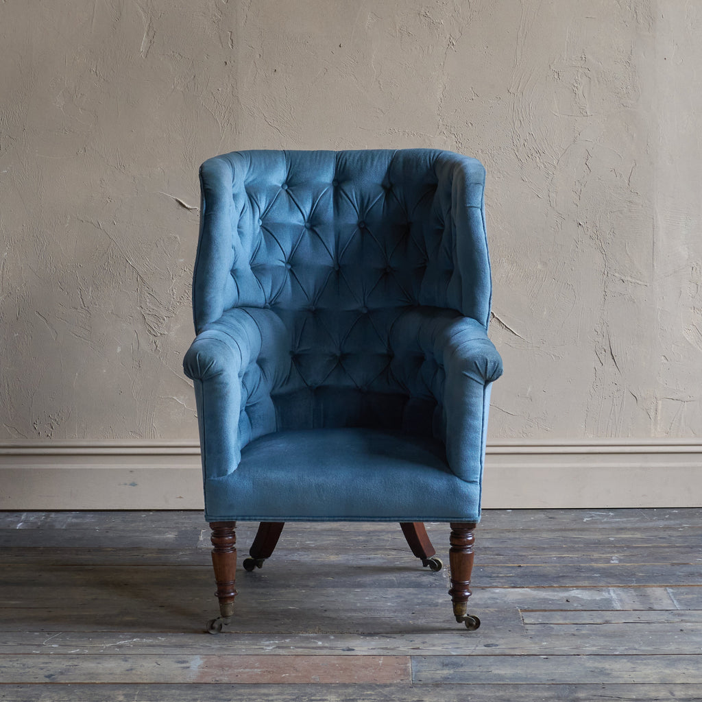 Antique Porters Barrel Back Armchair - blue velvet-Antique Seating-KONTRAST