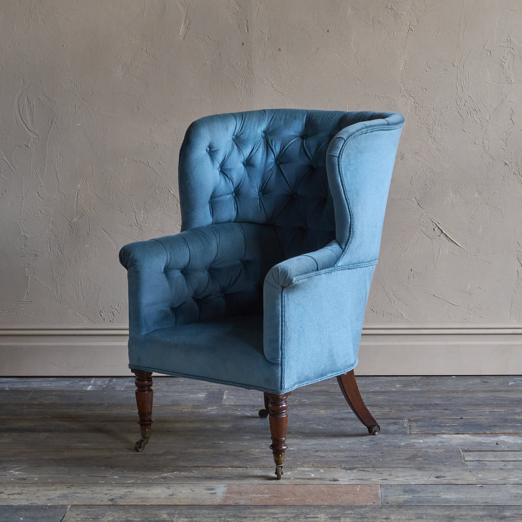 Antique Porters Barrel Back Armchair - blue velvet-Antique Seating-KONTRAST