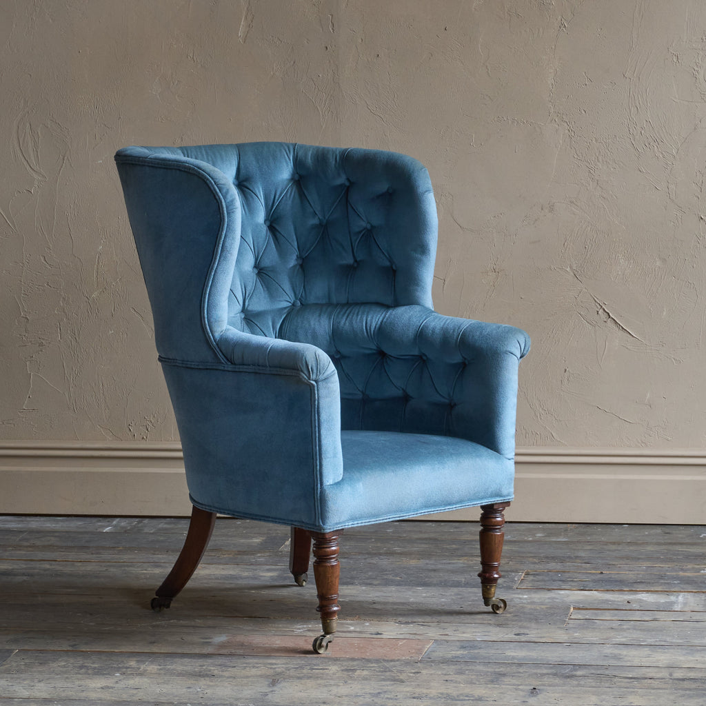 Antique Porters Barrel Back Armchair - blue velvet-Antique Seating-KONTRAST