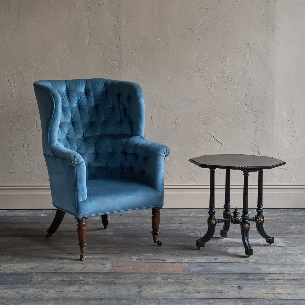 Antique Porters Barrel Back Armchair - blue velvet-Antique Seating-KONTRAST