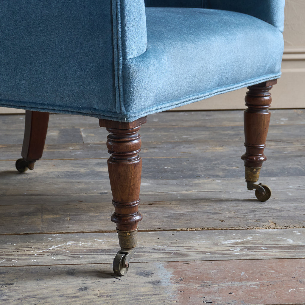 Antique Porters Barrel Back Armchair - blue velvet-Antique Seating-KONTRAST