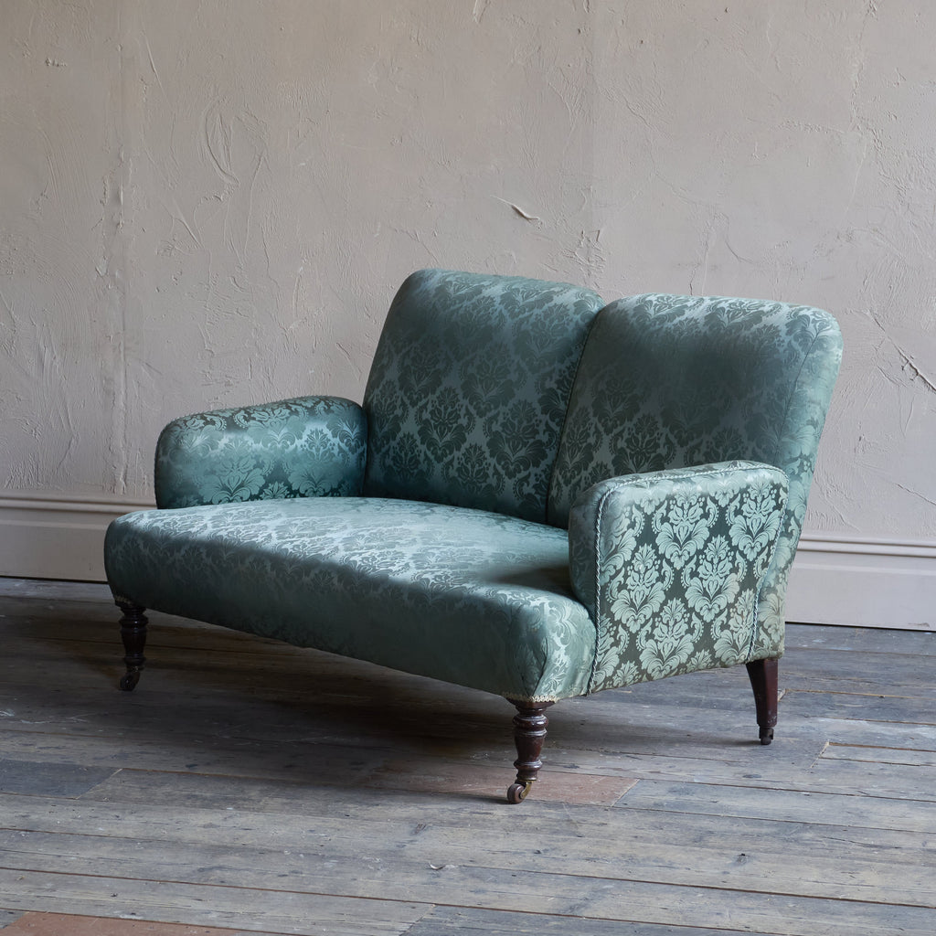 Antique bedroom sofa in green damask.-Antique Seating-KONTRAST