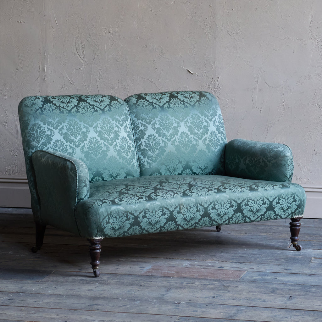 Antique bedroom sofa in green damask.-Antique Seating-KONTRAST