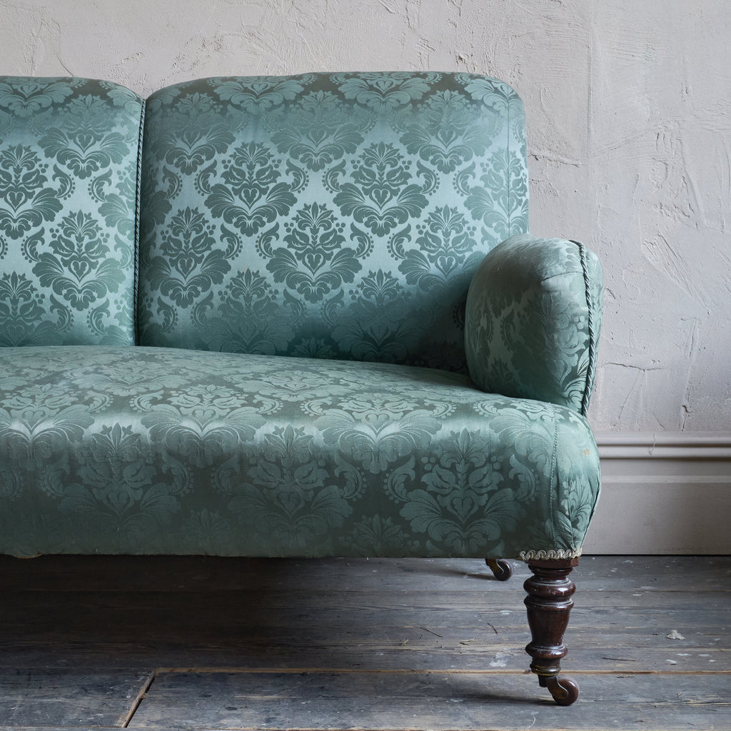 Antique bedroom sofa in green damask.-Antique Seating-KONTRAST