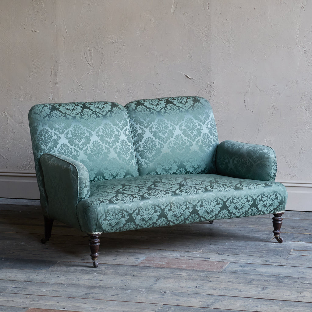 Antique bedroom sofa in green damask.-Antique Seating-KONTRAST