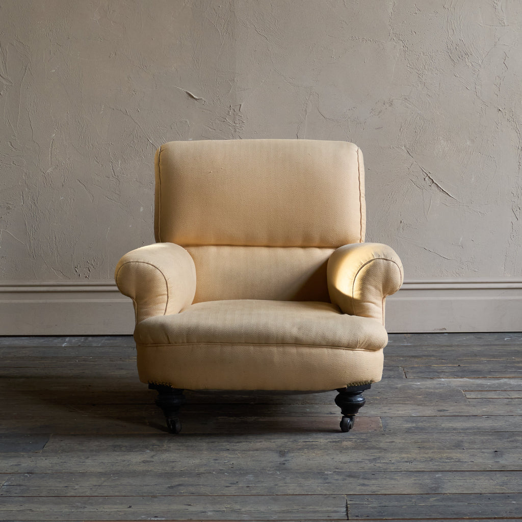 Antique deep seated armchair - peach fabric-Antique Seating-KONTRAST