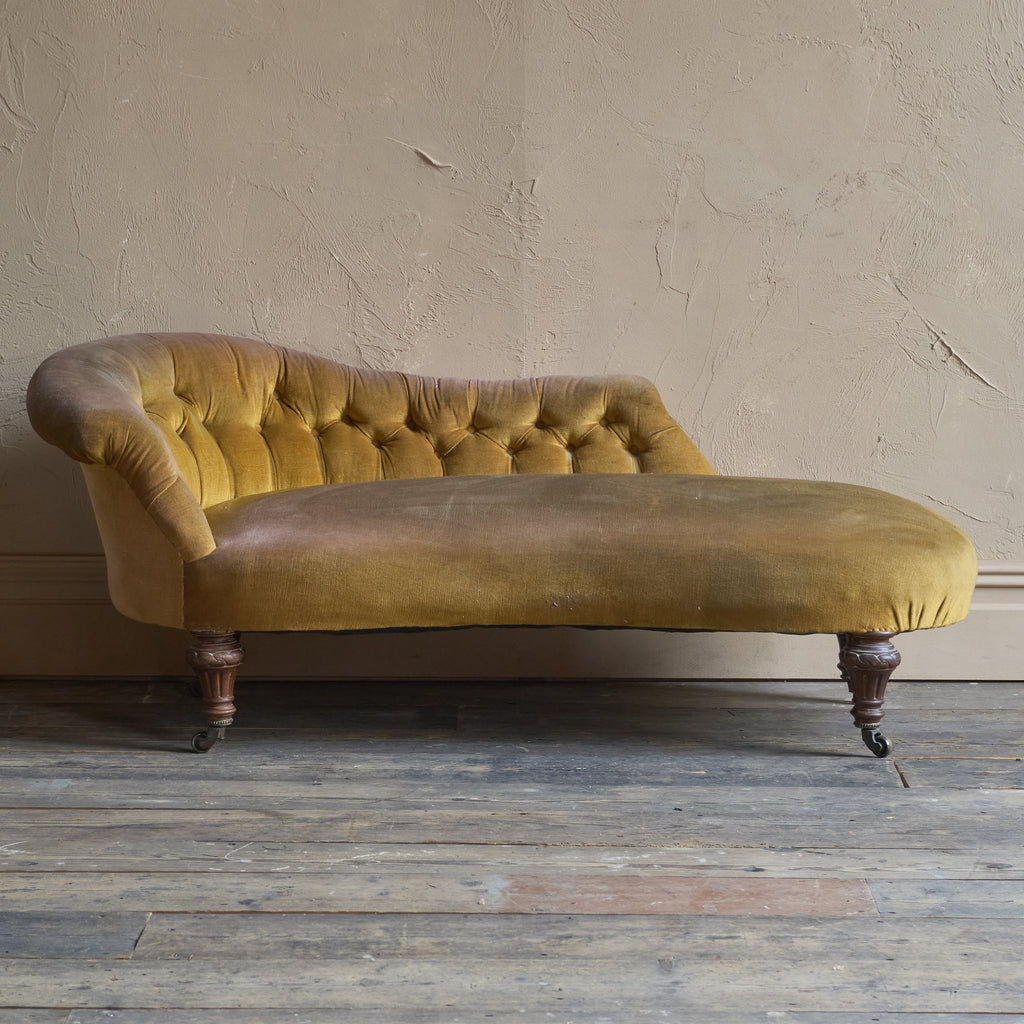 Antique kidney shaped chaise longue - yellow velvet-Antique Seating-KONTRAST