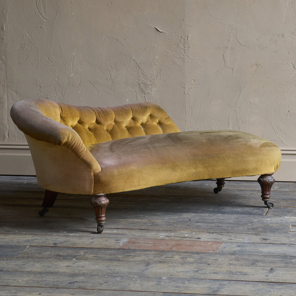 Antique kidney shaped chaise longue - yellow velvet-Antique Seating-KONTRAST