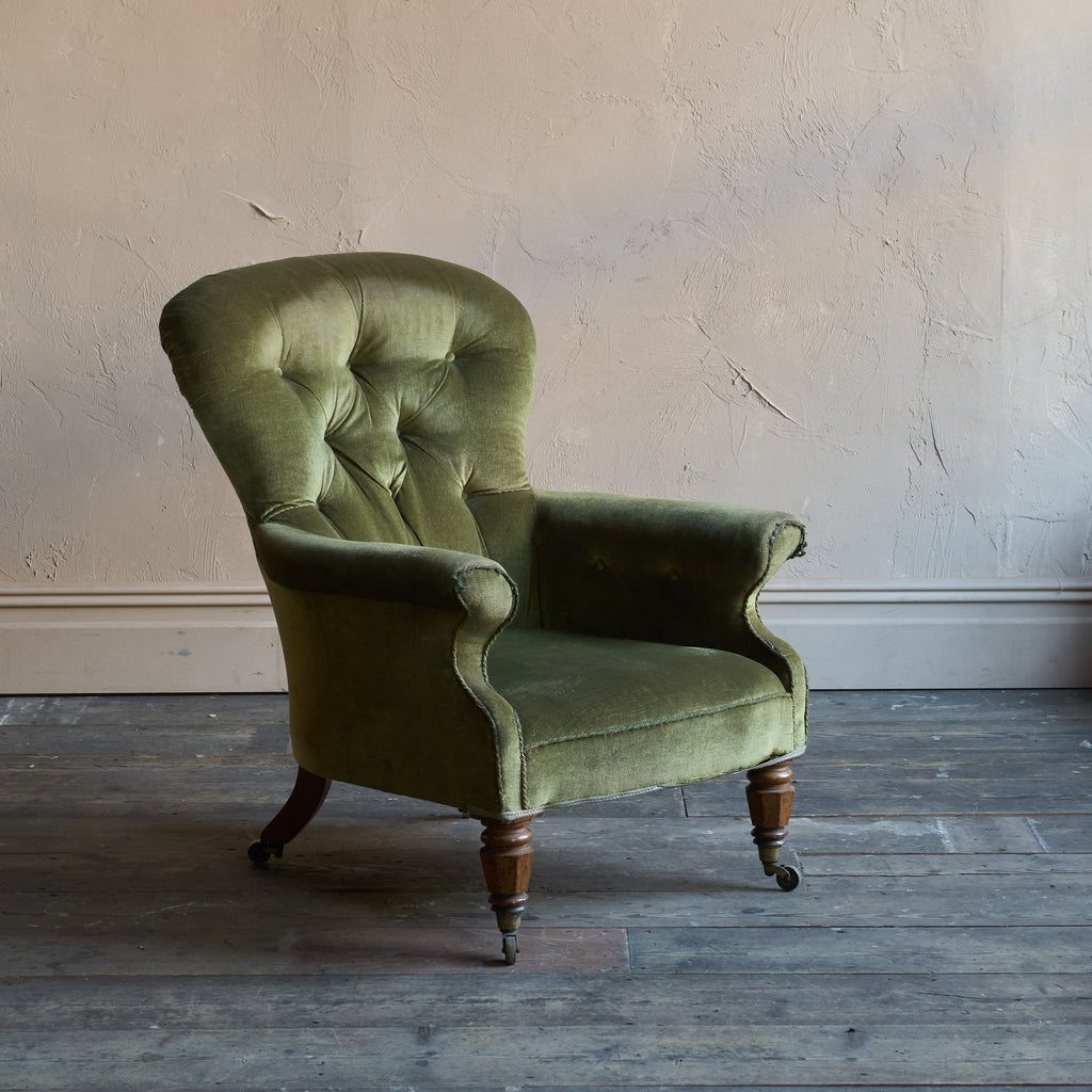 Antique spoon back armchair - green velvet-Antique Seating-KONTRAST