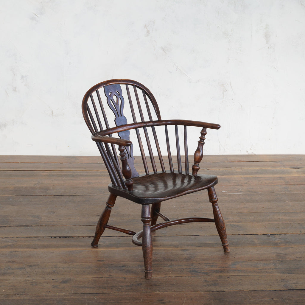 Child's windsor chair, yew and elm, crinoline stretcher-Antique Seating-KONTRAST