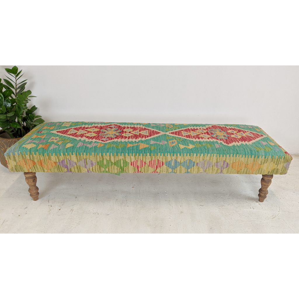 Chobi kilim bench footstool ottoman, green, red, yellow-Handmade Ethnic Footstools-KONTRAST