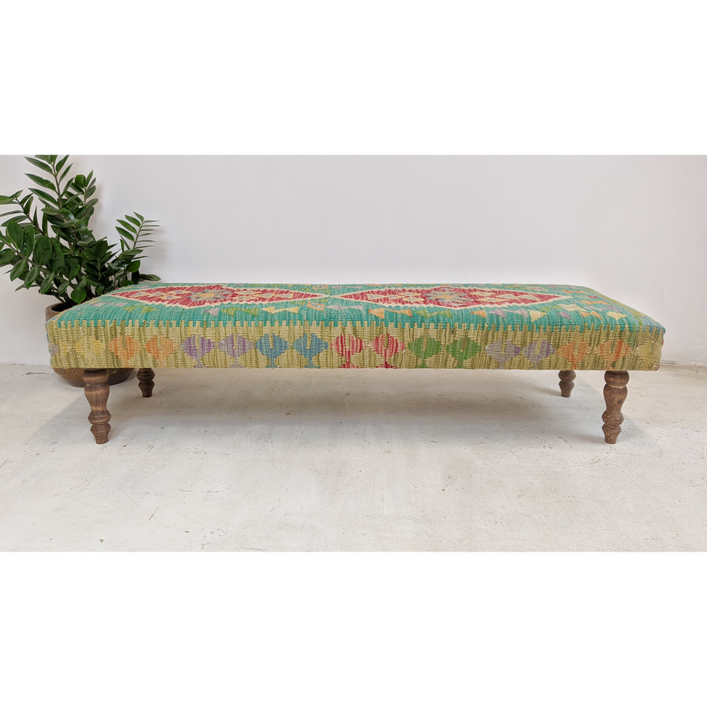 Chobi kilim bench footstool ottoman, green, red, yellow-Handmade Ethnic Footstools-KONTRAST
