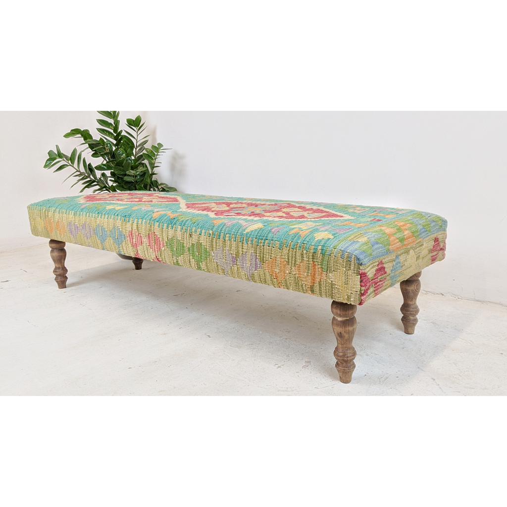 Chobi kilim bench footstool ottoman, green, red, yellow-Handmade Ethnic Footstools-KONTRAST